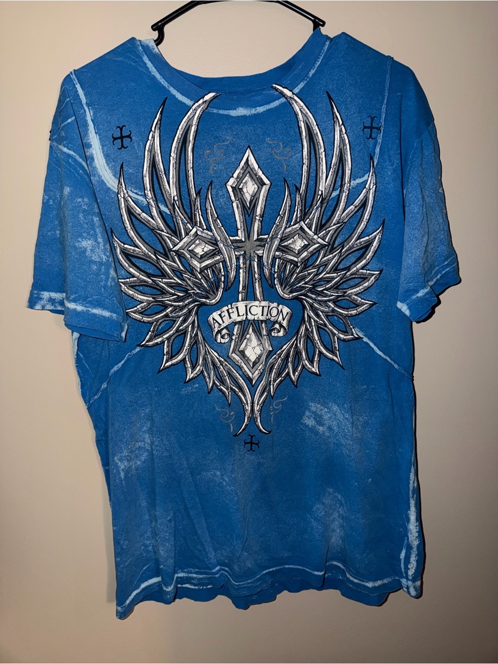 Affliction Men's Blue Graphic Tee with Silver Winged Cross